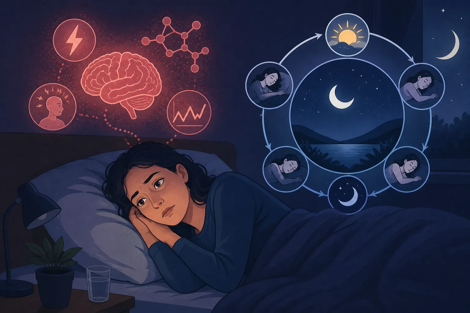 Person lying awake at night with cortisol and sleep cycle diagram illustrating stress regulation